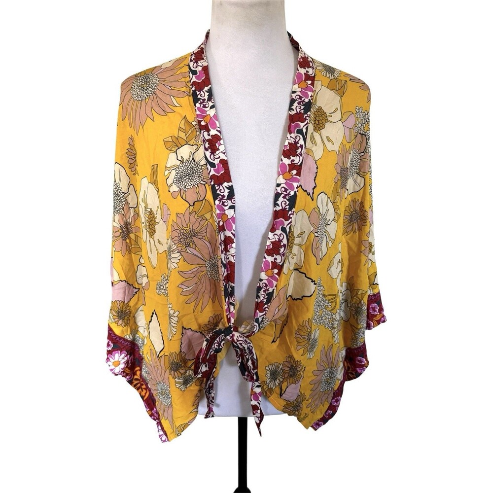 By Anthropologie Open Kimono Tie Front Coverup Boho Yellow Mix Pattern Floral OS